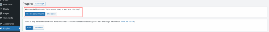 setup wizard of wordpress directory plugin