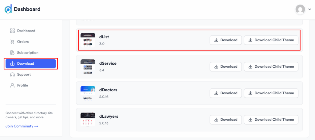 download your directory theme from your dashboard