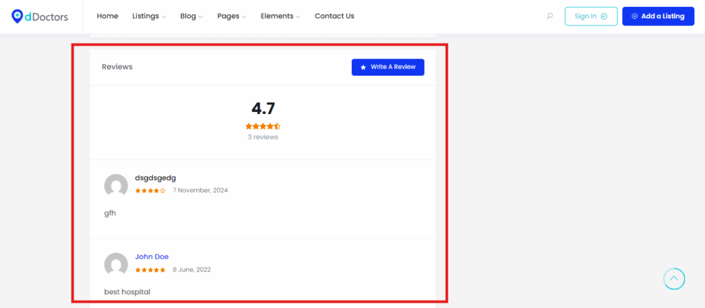 Patient Ratings and Reviews feature of medical directory website